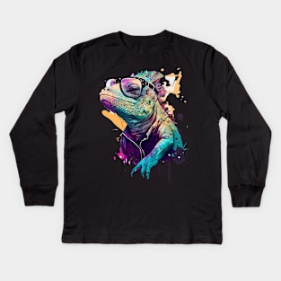 Funny Iguana With Glasses Colorful Iguana Art Kids Long Sleeve T-Shirt